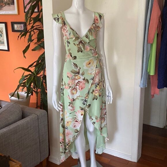 Privacy Please Mint Light Green Floral Wrap Ruffle Hi Low Dress Size XS - Picture 2 of 9
